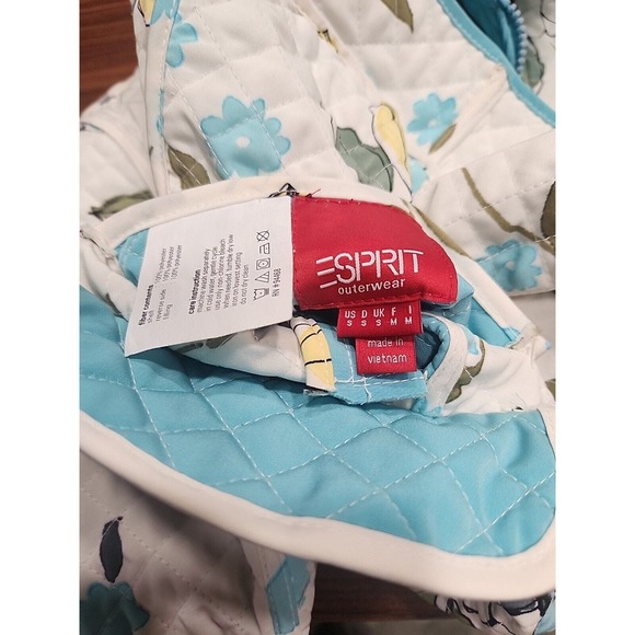 ESPRIT Diamond Quilted Reversible Jacket Teal Blue Floral Print Pockets Retro S - Picture 7 of 7